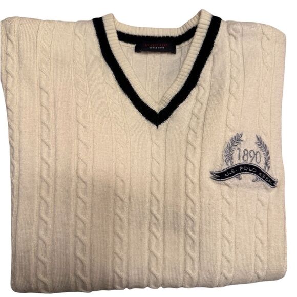 U.S. Polo Assn. Men's V-Neck Cable Knit Beige Sweater Size Large - Picture 2 of 12